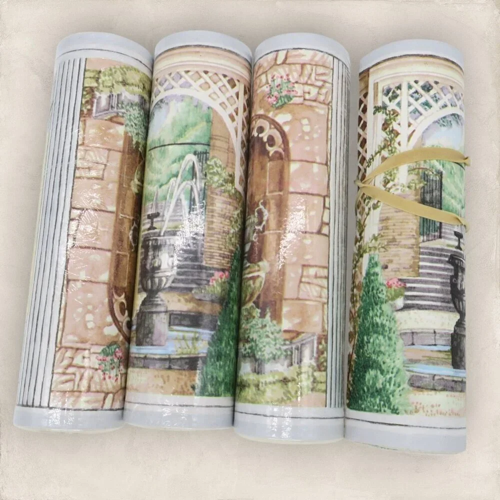 Vintage Border Paper Wallpaper Fountains Landscape Scenes Cottagecore Lot 20 yds